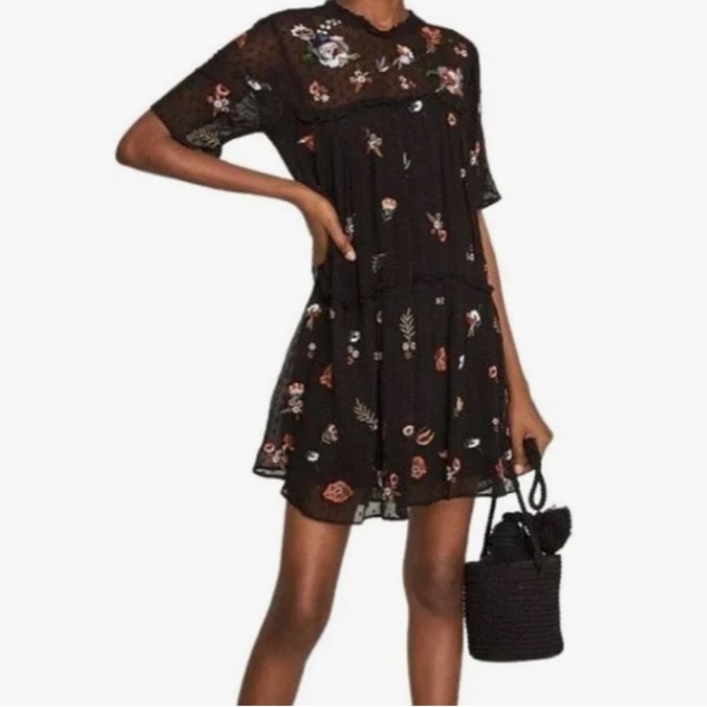 Zara Tiered Embroidered Mini Dress Small